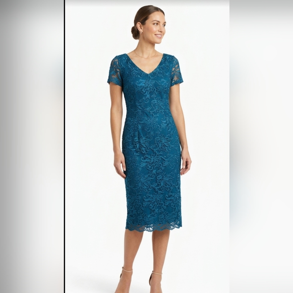 JS Collections Teal Lace Midi Dres Size 6.